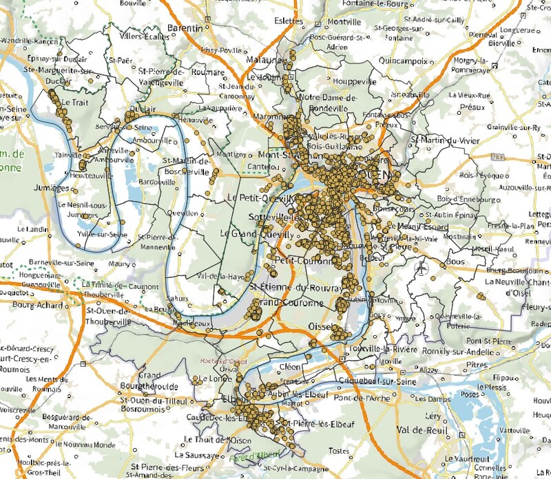Représentation cartographique des bâtiments de la reconstruction sur la Métropole Rouen Normandie